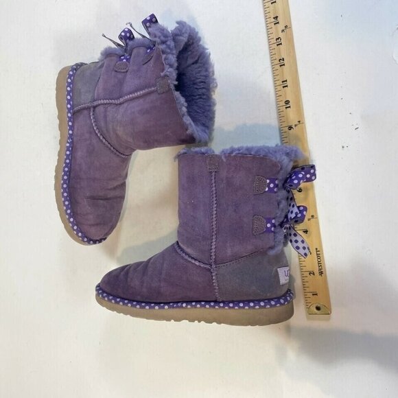 UGG Bailey Bow II Snow Boots Purple Size 4 Girls Purple Polka Suede Sheepskin - Picture 6 of 10